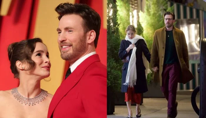 Chris Evans and Alba Baptista smiling together at an event in 2025.