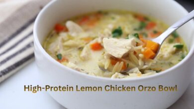 High-Protein Lemon Chicken Orzo Bowl served with fresh lemon slices and herbs 2025